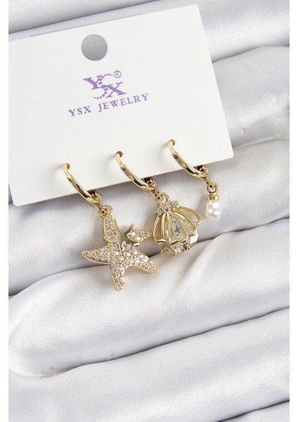 Pirinç Zirkon Taşlı Deniz Yıldızı ve Istiridye Model Gold Renk 3 Lü Kadın Küpe