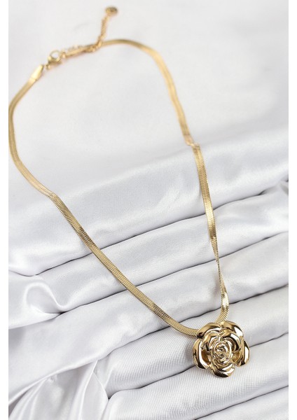 316L Çelik Gül Figürlü Italyan Zincir Model Gold Renk Kadın Kolye