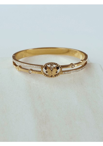 Minik Kelebek Detaylı Taşlı Gold Kelepçe