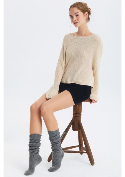 Diz Üstü Dikişsiz Yünlü Çorap Gri fiyatları