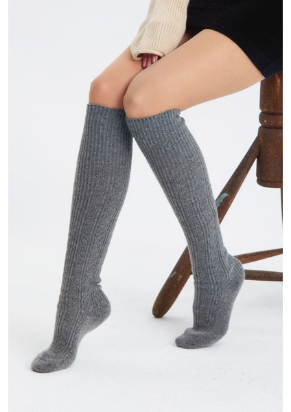 Diz Üstü Dikişsiz Yünlü Çorap Gri modelleri