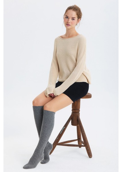 Diz Üstü Dikişsiz Yünlü Çorap Gri fırsatları