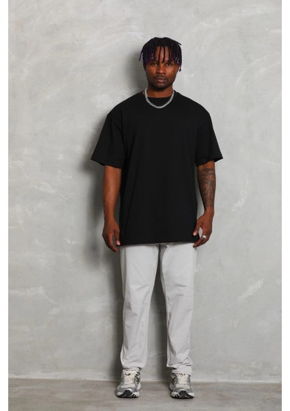 Unisex Oversize Düz Bisiklet Yaka T-Shirt - Siyah -Vlmr