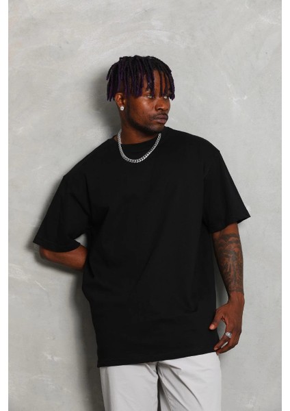 Unisex Oversize Düz Bisiklet Yaka T-Shirt - Siyah -Vlmr modelleri