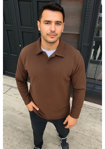 Erkek Fitilli Polar Sweatshirt – Düğmesiz Polo Yaka, Oversize Rahat Kalıp, Kalın Polar Kumaş, Kışlık ve Baharlık Şık Günlük Üst - Kahverengi