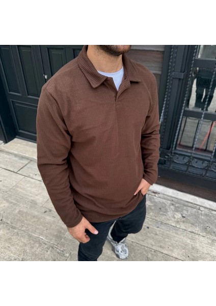 Erkek Fitilli Polar Sweatshirt – Düğmesiz Polo Yaka, Oversize Rahat Kalıp, Kalın Polar Kumaş, Kışlık ve Baharlık Şık Günlük Üst - Kahverengi modelleri