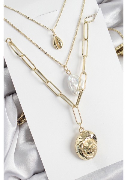 Pirinç Çoklu Zincirli Incili Deniz Kabuğu Model Gold Renk Kadın Kolye fiyatları