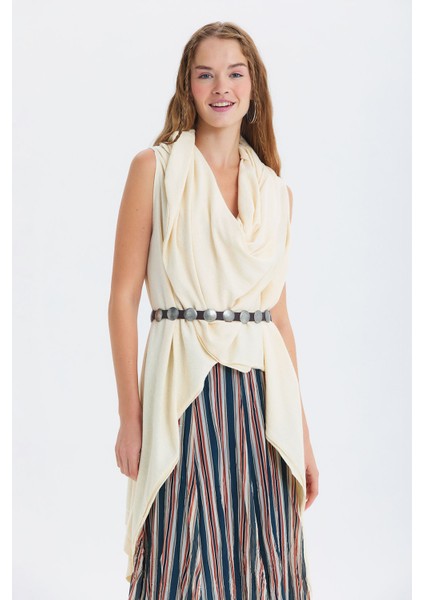 Dökümlü Salaş Triko Yelek Bej