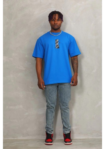 Unisex Oversize Baskılı Bisiklet Yaka T-Shirt - Mavi -Vlmr modelleri