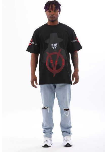 Unisex Oversize Baskılı Bisiklet Yaka T-Shirt - Siyah -Vlmr