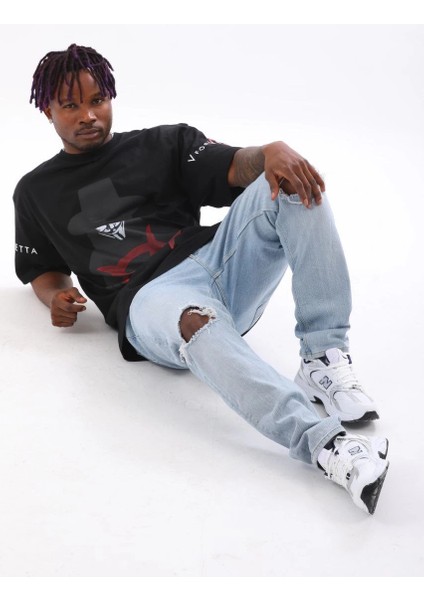 Unisex Oversize Baskılı Bisiklet Yaka T-Shirt - Siyah -Vlmr modelleri