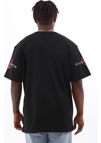 Unisex Oversize Baskılı Bisiklet Yaka T-Shirt - Siyah -Vlmr fırsatları