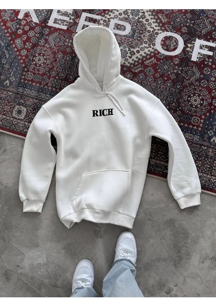 Uzun Kol Kapüşonlu Göğüs Baskılı Sweatshirt - Beyaz -Vlmr fiyatları
