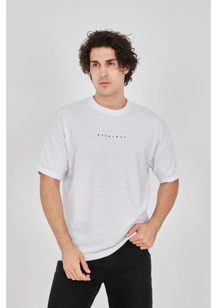 Unisex Jakar Kumaş Rahat Kol T-Shirt - Beyaz -Vlmr