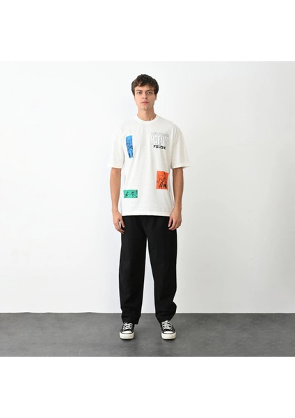 Unisex Bisiklet Yaka Baskılı Oversize T-Shirt - Beyaz -Vlmr