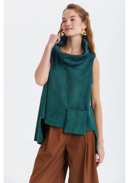 Asimetrik Yaka Detaylı Süet Bluz Yeşil
