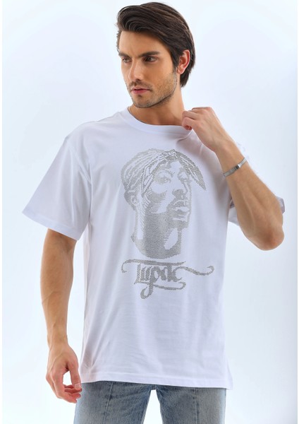 Unisex Oversize Taşlı Bisiklet Yaka T-Shirt - Beyaz -Vlmr fırsatları