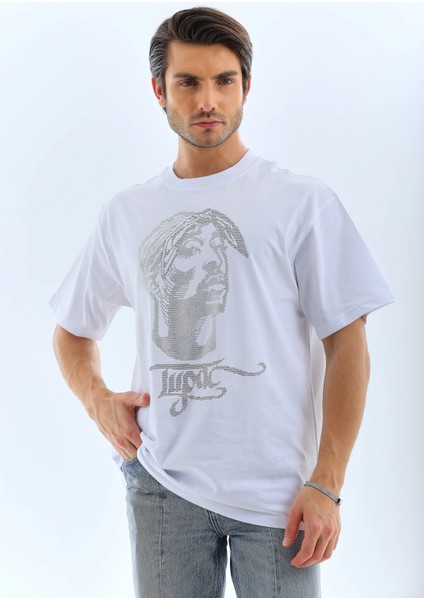 Unisex Oversize Taşlı Bisiklet Yaka T-Shirt - Beyaz -Vlmr indirimleri