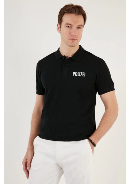 Yakası Düğmeli Yakalı Pike Baskılı T-Shirt - Siyah -Vlmr