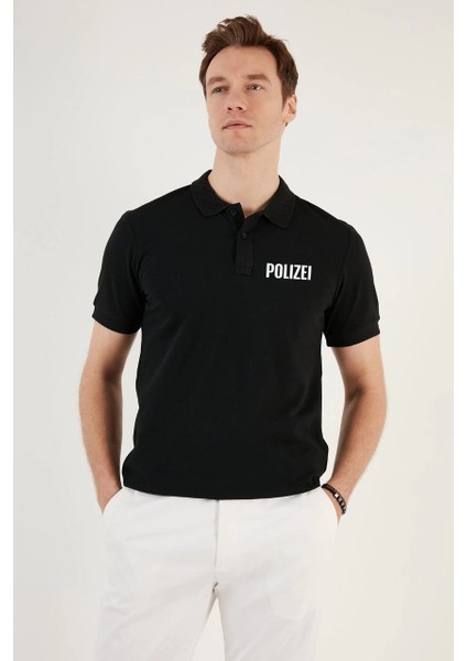 Yakası Düğmeli Yakalı Pike Baskılı T-Shirt - Siyah -Vlmr fiyatları