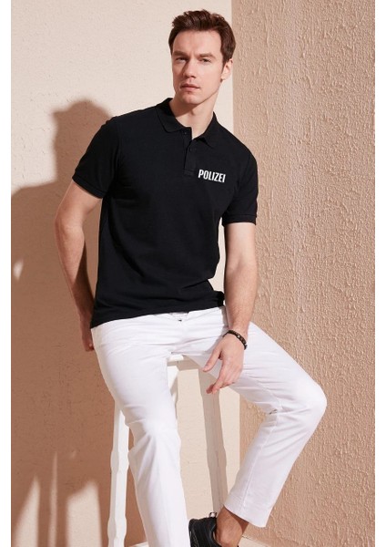 Yakası Düğmeli Yakalı Pike Baskılı T-Shirt - Siyah -Vlmr modelleri