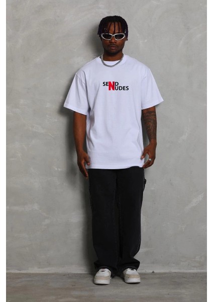 Unisex Bisiklet Yaka Double Oversize Baskılı T-Shirt - Beyaz -Vlmr fiyatları