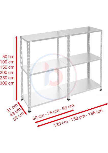 3 Katlı Duble Galvaniz Çelik Raf - Depo, Arşiv, Kiler, Dosya, Market Rafı - 31x75 cm-150 cm-1.50 mm modelleri
