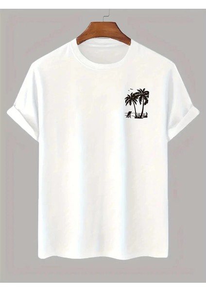 20/1 Penye Compack Palmiye Ön Baskılı Oversize Bisiklet Yaka Kısa Kol Yazlık T-Shirt - Beyaz -Vlmr