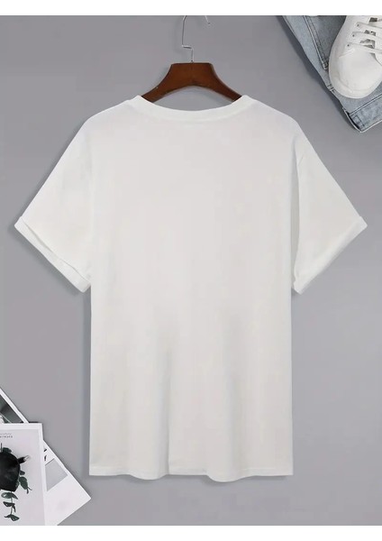 20/1 Penye Compack Palmiye Ön Baskılı Oversize Bisiklet Yaka Kısa Kol Yazlık T-Shirt - Beyaz -Vlmr indirimleri