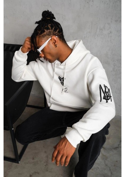 Erkek Baskılı Kapüşonlu Sweat - Beyaz -Vlmr indirimleri