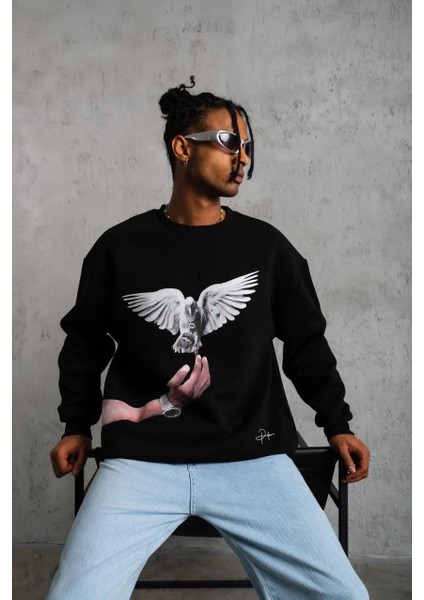Erkek Güvercin Baskılı Sweatshirt - Siyah -Vlmr modelleri