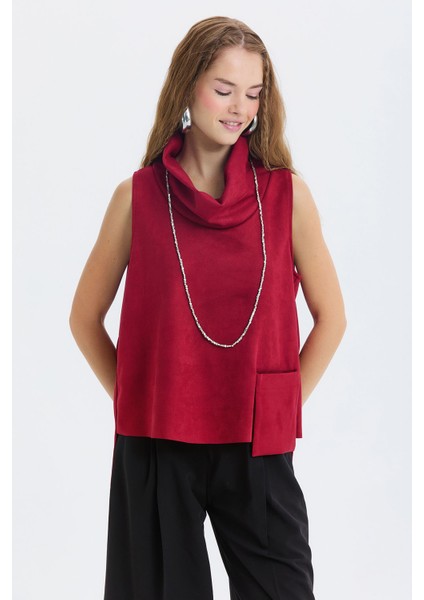 Asimetrik Yaka Detaylı Süet Bluz Bordo