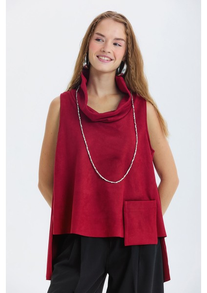 Asimetrik Yaka Detaylı Süet Bluz Bordo modelleri