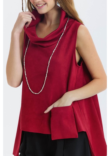 Asimetrik Yaka Detaylı Süet Bluz Bordo