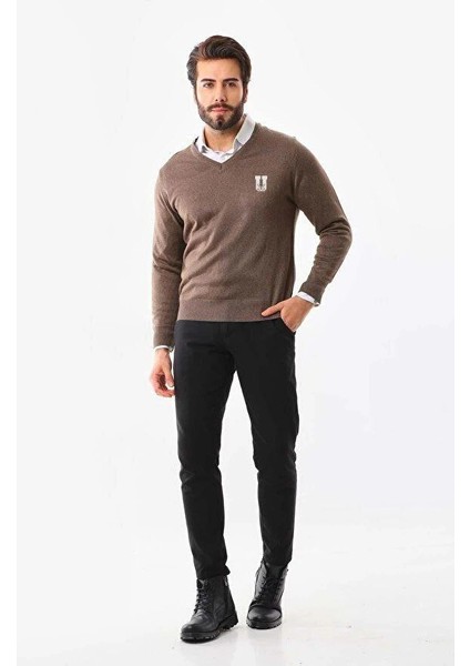 Baskılı V Yaka Uzun Kol Dokuma Triko - Kahve -Vlmr