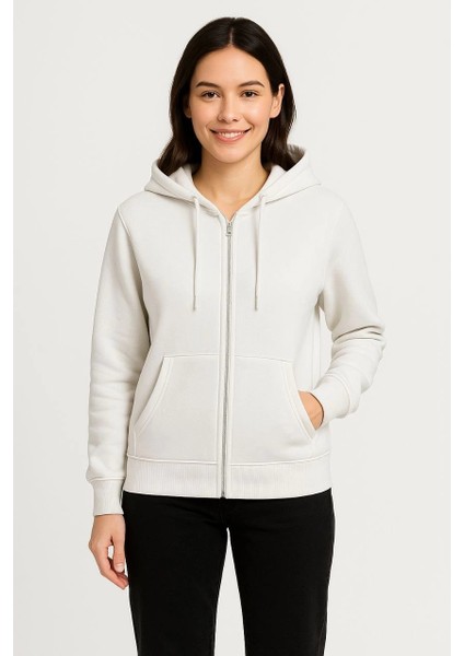 Kadın Üç Iplik Kapüşonlu Tam Fermuarlı Kanguru Çepli Sweatshirt Hoodie - Beyaz -Vlmr fırsatları
