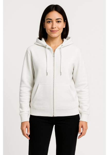 Kadın Üç Iplik Kapüşonlu Tam Fermuarlı Kanguru Çepli Sweatshirt Hoodie - Beyaz -Vlmr indirimleri