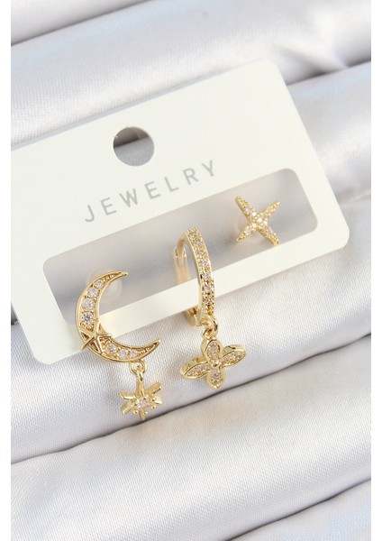 Pirinç Zirkon Taşlı Çiçek ve Ay Model Gold Renk 3'lü Çift Kadın Küpe Set