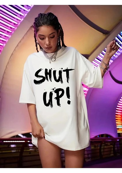 20/1 Penye Compack Oversize Beyaz Shut Up Kısa Kol Yazlık Tişört - Beyaz -Vlmr