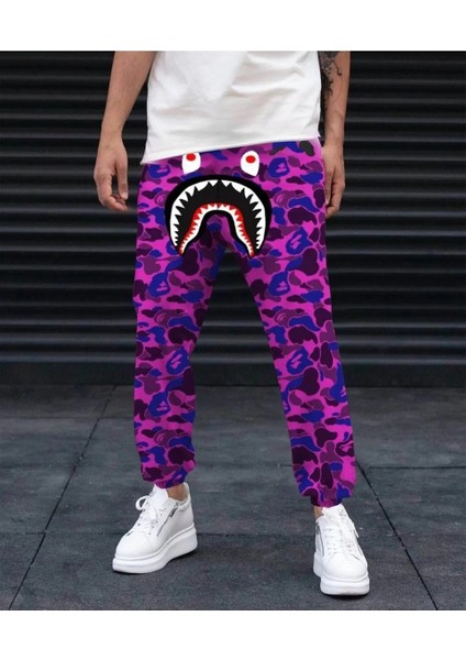 Unisex Pubg Bape x Shark Eşofman Altı - Mor -Vlmr