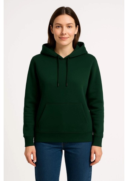 Kadın Üç Iplik Kapüşonlu Kanguru Cepli Sweatshirt Hoodie - Haki -Vlmr modelleri