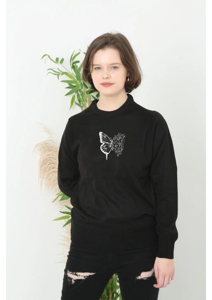 Unisex Bisiklet Yaka Baskılı Dokuma Triko - Siyah -Vlmr