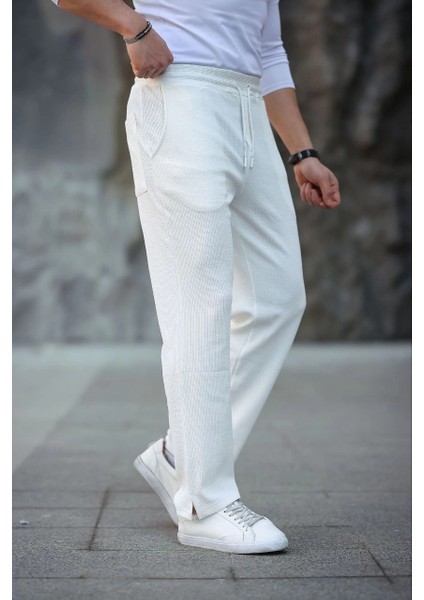 Erkek Paça Yırtmaçlı Burgu Selanik Dokulu Jogger Buggy Pantalon Rahat Kalıp - Beyaz
