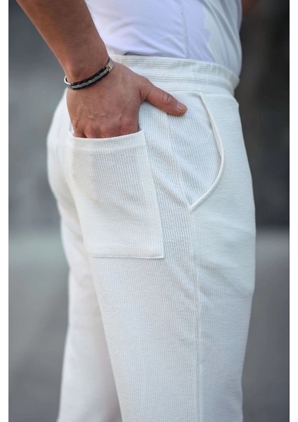 Erkek Paça Yırtmaçlı Burgu Selanik Dokulu Jogger Buggy Pantalon Rahat Kalıp - Beyaz modelleri