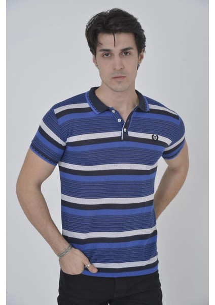 Erkek Yakalı Slim Fit Dokuma Çizgili T-Shirt - Mavi -Vlmr