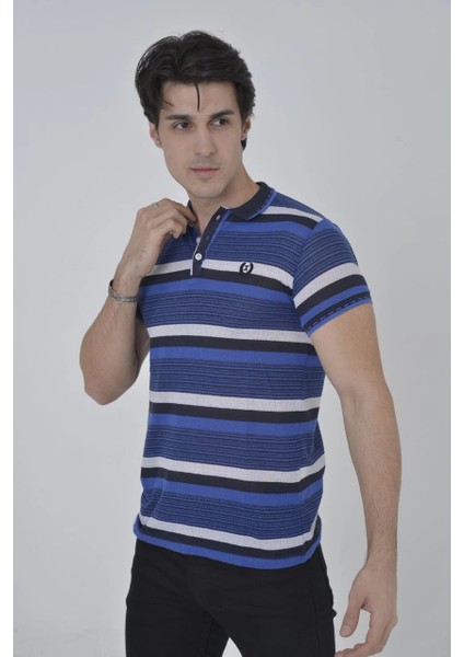 Erkek Yakalı Slim Fit Dokuma Çizgili T-Shirt - Mavi -Vlmr fiyatları