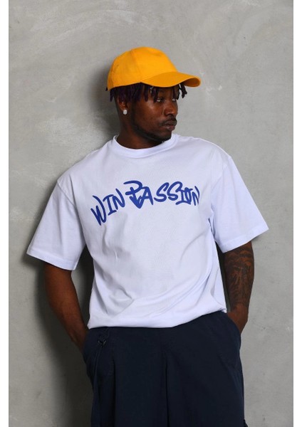 Unisex Oversize Baskılı Bisiklet Yaka T-Shirt - Beyaz -Vlmr