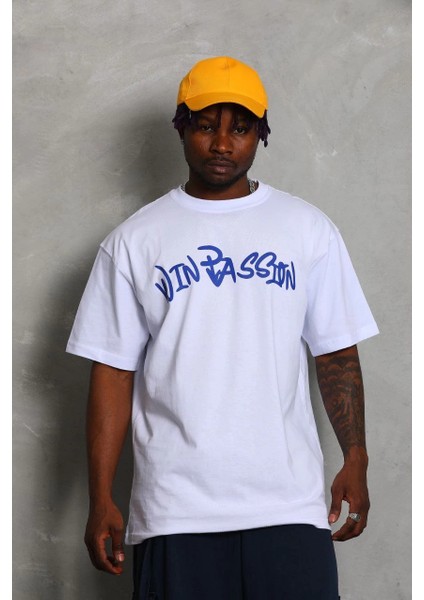 Unisex Oversize Baskılı Bisiklet Yaka T-Shirt - Beyaz -Vlmr modelleri