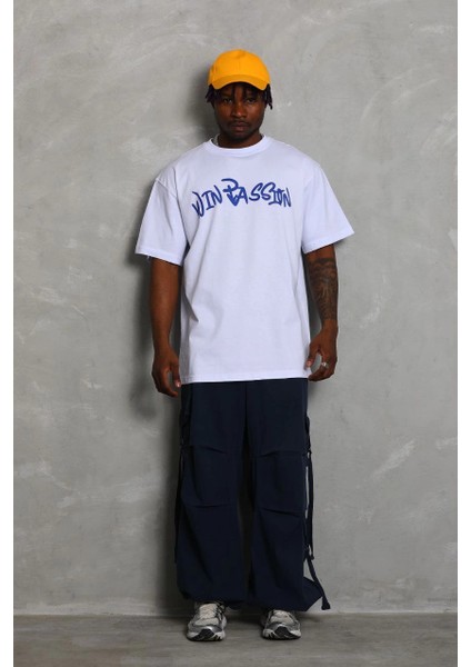 Unisex Oversize Baskılı Bisiklet Yaka T-Shirt - Beyaz -Vlmr indirimleri