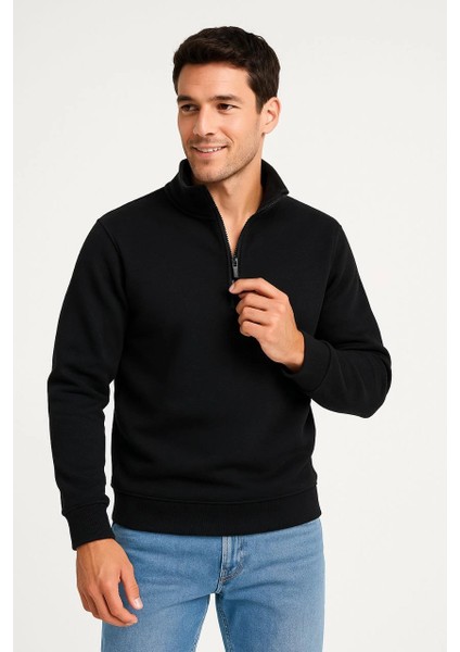 Erkek Dik Yaka Sweatshirt Dik Yaka Yarım Fermuarlı 3 Iplik Şardonlu Pamuk Kumaş - Siyah -Vlmr